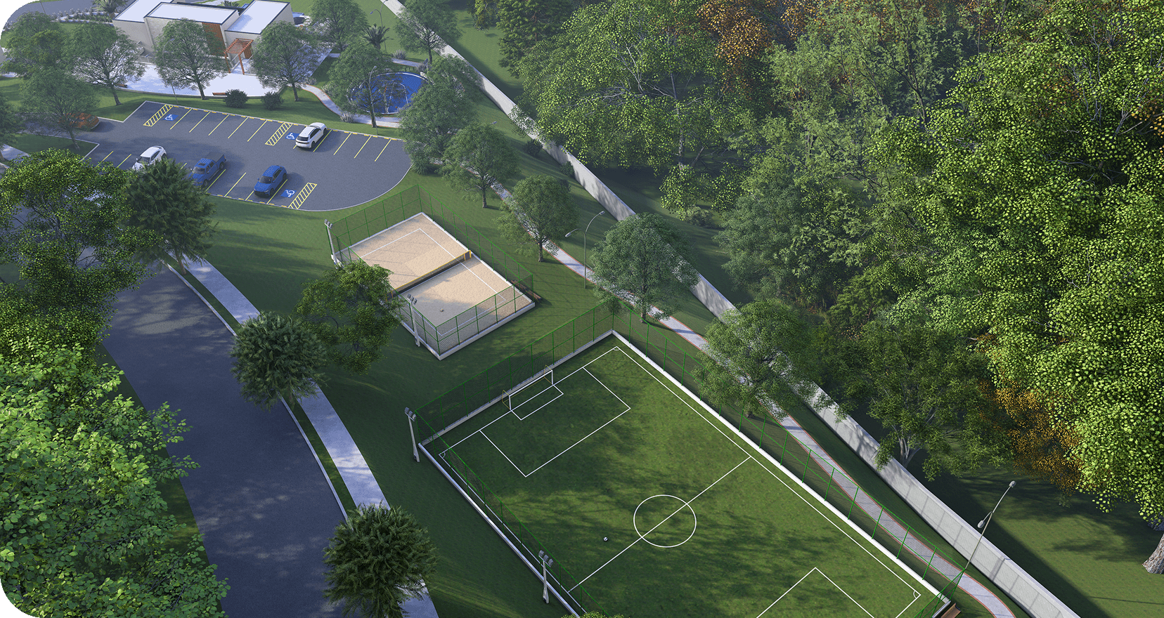 Vista aérea do empreendimento com quadra, área de lazer e muito verde